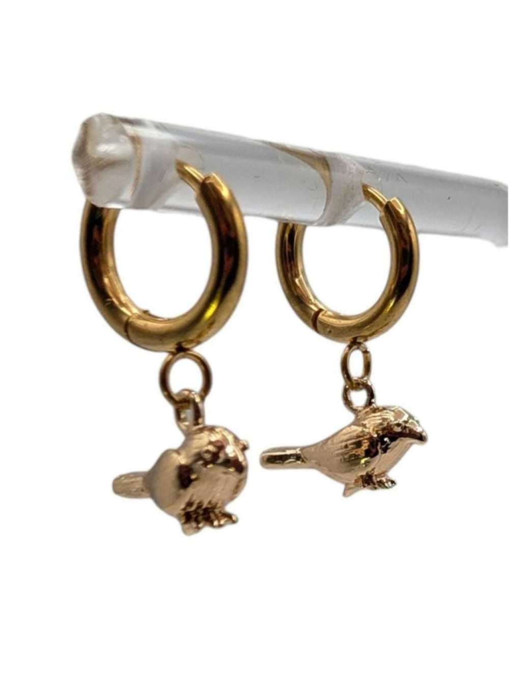 Gold Tone Bird Hoop Earrings Sparrow Charm Hoops Dainty Huggie Earrings - Picture 2 of 4